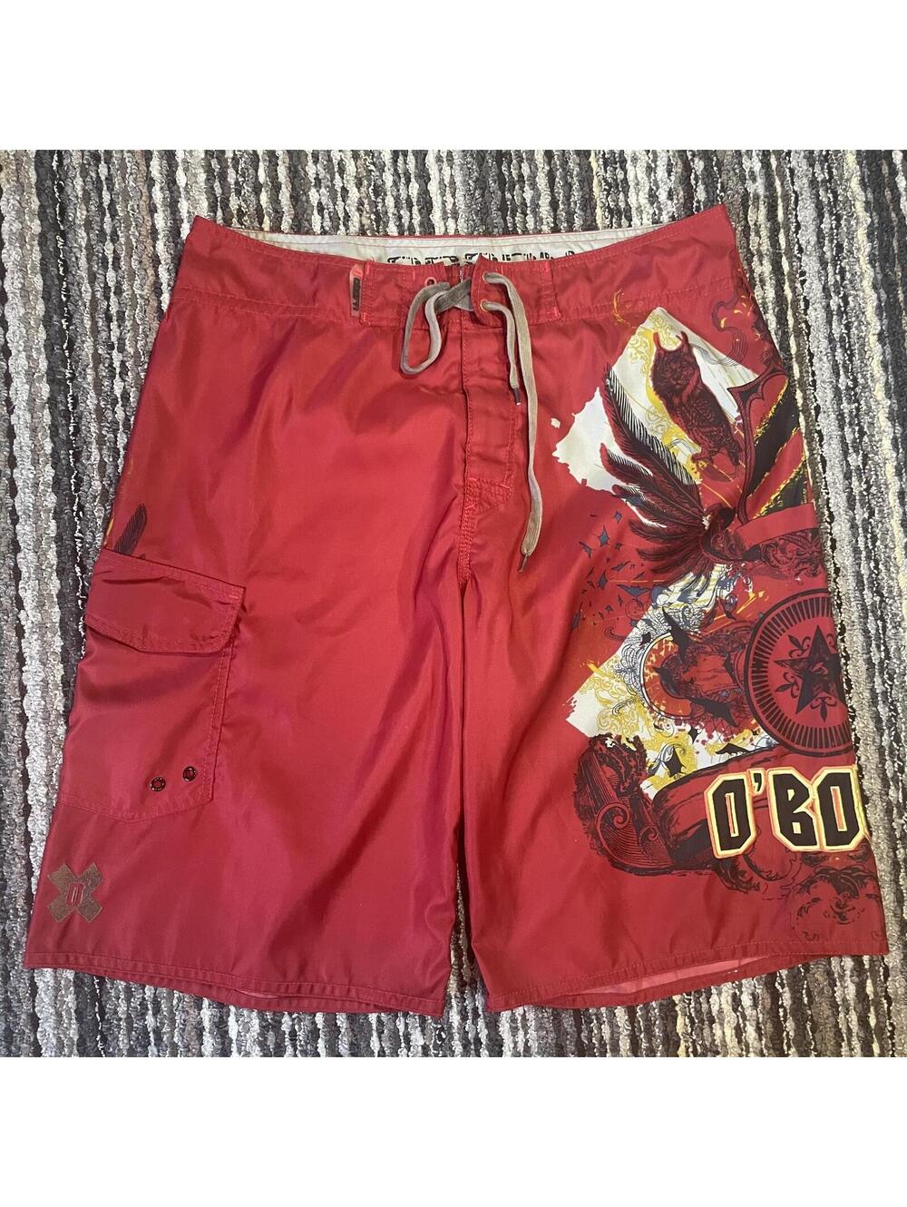 Y2K OBORN Red Boardshorts Embroidered Print Crown Star Wings Size 34